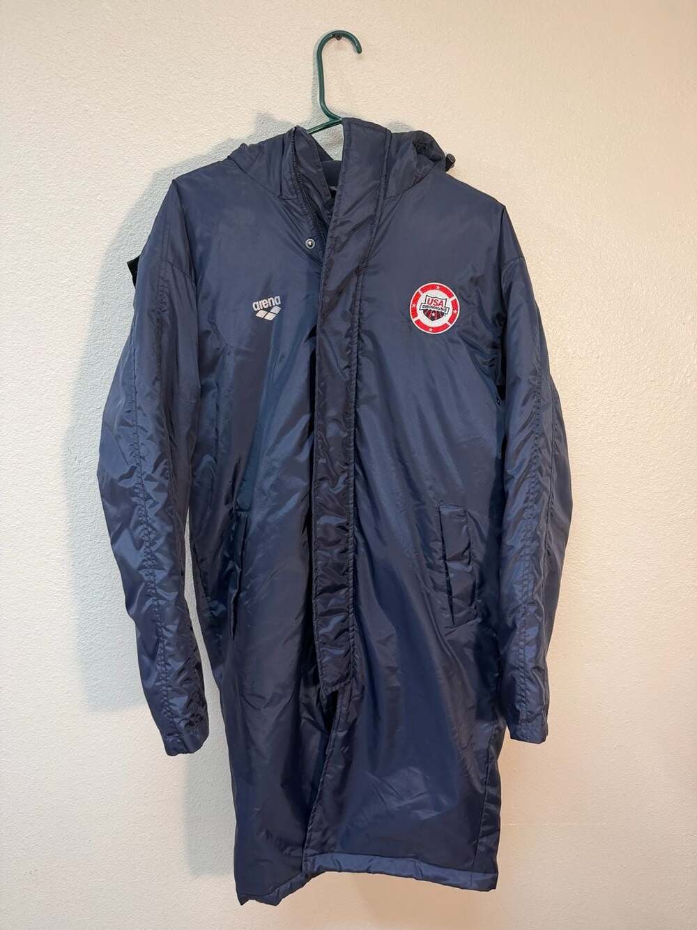 Arena Team Line USA Swimming Navy Blue Long Parka Swim Jacket Size Small
